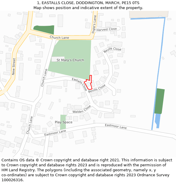 1, EASTALLS CLOSE, DODDINGTON, MARCH, PE15 0TS: Location map and indicative extent of plot