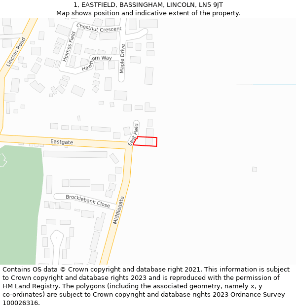 1, EASTFIELD, BASSINGHAM, LINCOLN, LN5 9JT: Location map and indicative extent of plot