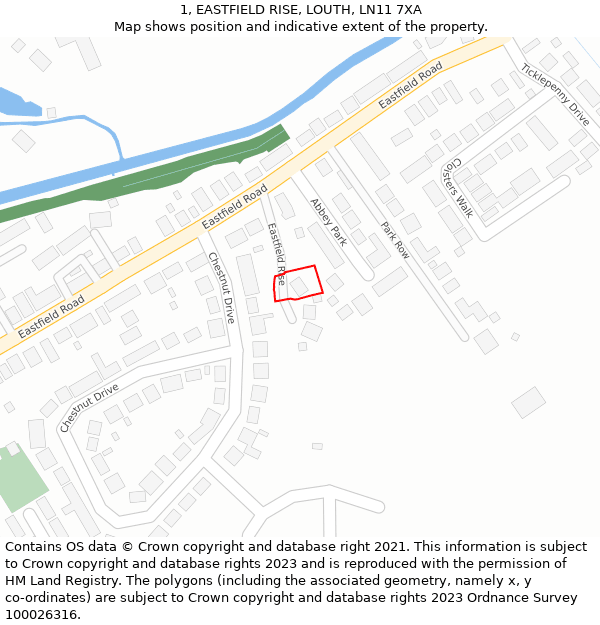 1, EASTFIELD RISE, LOUTH, LN11 7XA: Location map and indicative extent of plot