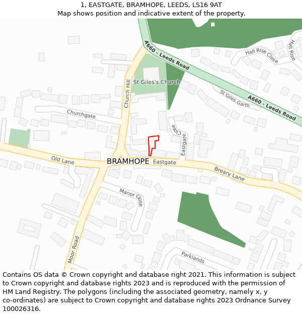 1, EASTGATE, BRAMHOPE, LEEDS, LS16 9AT: Location map and indicative extent of plot