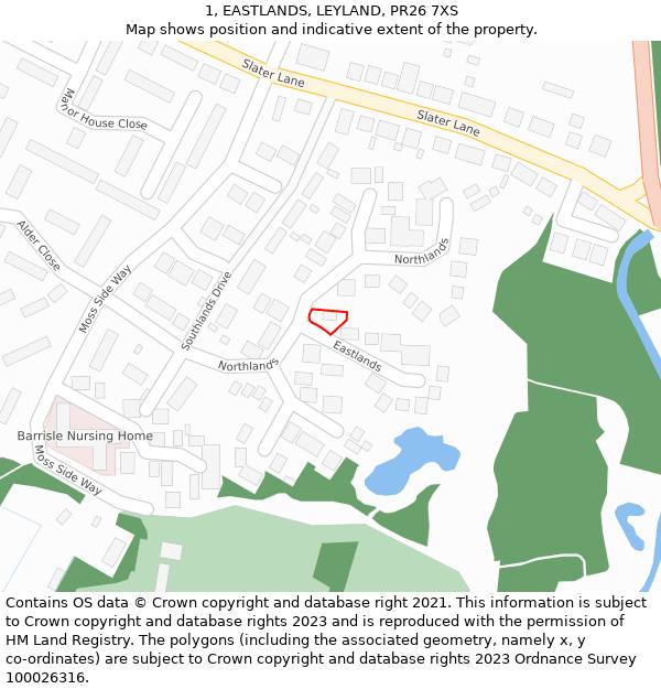 1, EASTLANDS, LEYLAND, PR26 7XS: Location map and indicative extent of plot