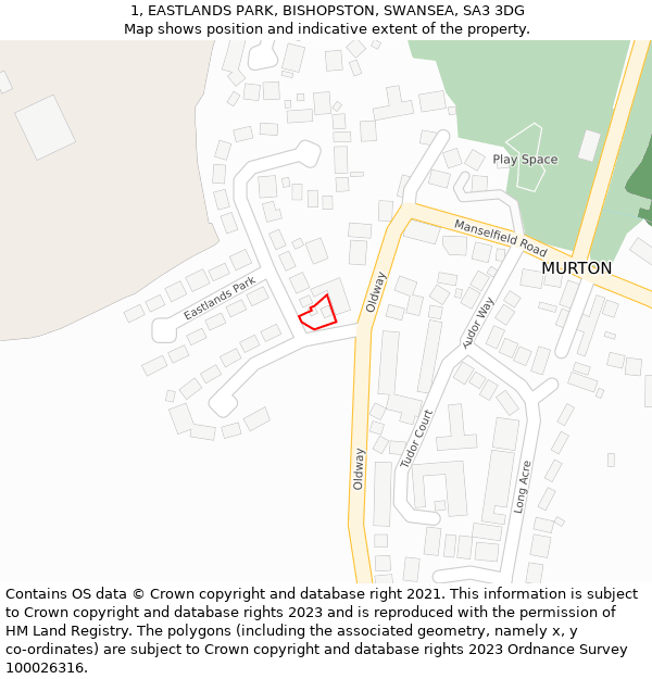 1, EASTLANDS PARK, BISHOPSTON, SWANSEA, SA3 3DG: Location map and indicative extent of plot