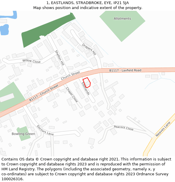 1, EASTLANDS, STRADBROKE, EYE, IP21 5JA: Location map and indicative extent of plot