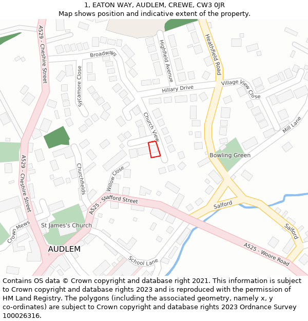 1, EATON WAY, AUDLEM, CREWE, CW3 0JR: Location map and indicative extent of plot