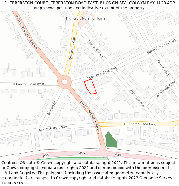 1, EBBERSTON COURT, EBBERSTON ROAD EAST, RHOS ON SEA, COLWYN BAY, LL28 4DP: Location map and indicative extent of plot