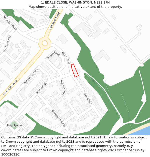 1, EDALE CLOSE, WASHINGTON, NE38 8FH: Location map and indicative extent of plot