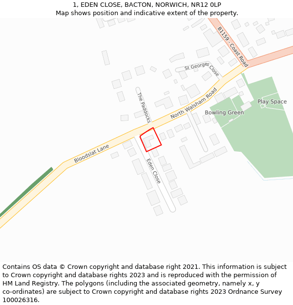 1, EDEN CLOSE, BACTON, NORWICH, NR12 0LP: Location map and indicative extent of plot