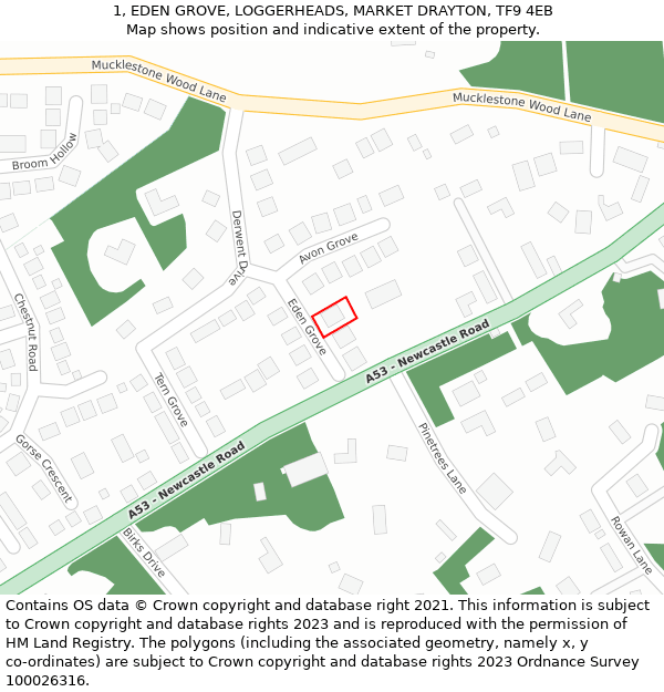 1, EDEN GROVE, LOGGERHEADS, MARKET DRAYTON, TF9 4EB: Location map and indicative extent of plot