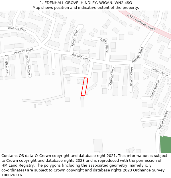 1, EDENHALL GROVE, HINDLEY, WIGAN, WN2 4SG: Location map and indicative extent of plot