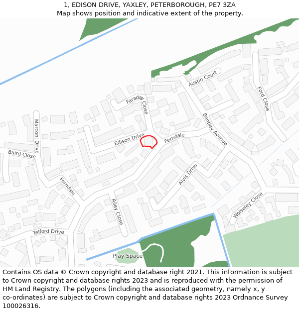 1, EDISON DRIVE, YAXLEY, PETERBOROUGH, PE7 3ZA: Location map and indicative extent of plot