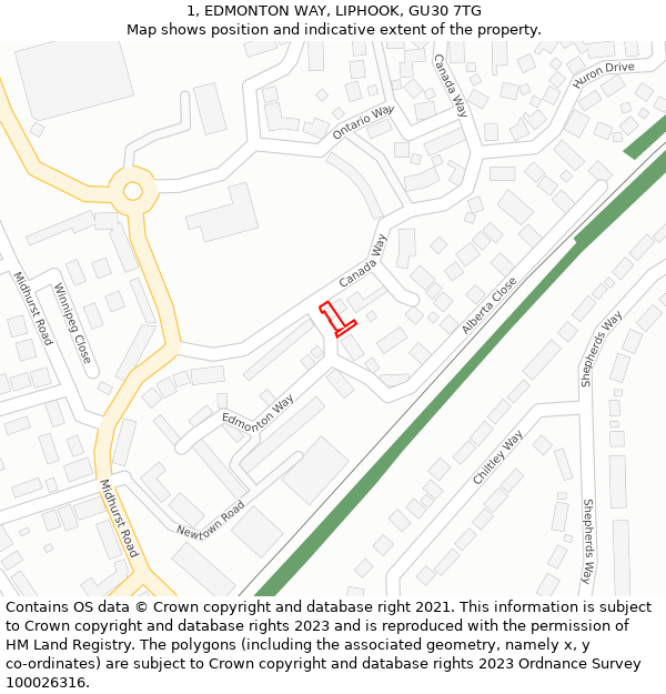 1, EDMONTON WAY, LIPHOOK, GU30 7TG: Location map and indicative extent of plot