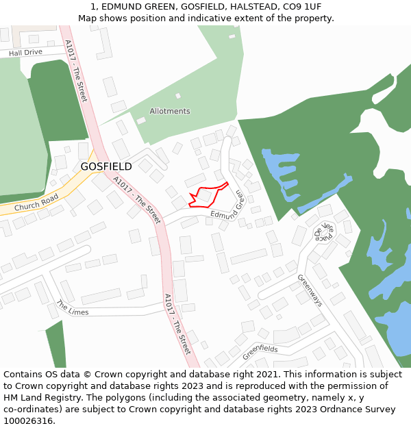 1, EDMUND GREEN, GOSFIELD, HALSTEAD, CO9 1UF: Location map and indicative extent of plot