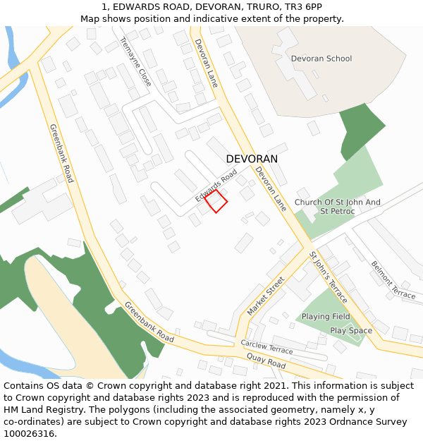 1, EDWARDS ROAD, DEVORAN, TRURO, TR3 6PP: Location map and indicative extent of plot
