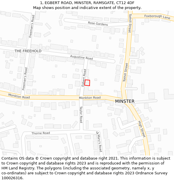 1, EGBERT ROAD, MINSTER, RAMSGATE, CT12 4DF: Location map and indicative extent of plot