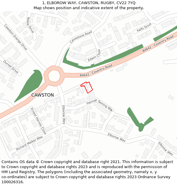 1, ELBOROW WAY, CAWSTON, RUGBY, CV22 7YQ: Location map and indicative extent of plot