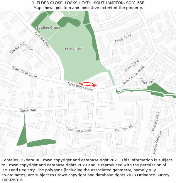 1, ELDER CLOSE, LOCKS HEATH, SOUTHAMPTON, SO31 6SB: Location map and indicative extent of plot