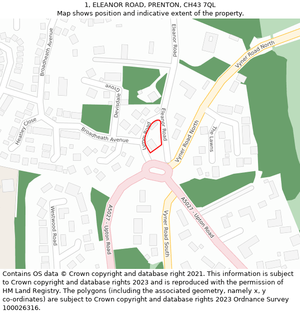 1, ELEANOR ROAD, PRENTON, CH43 7QL: Location map and indicative extent of plot