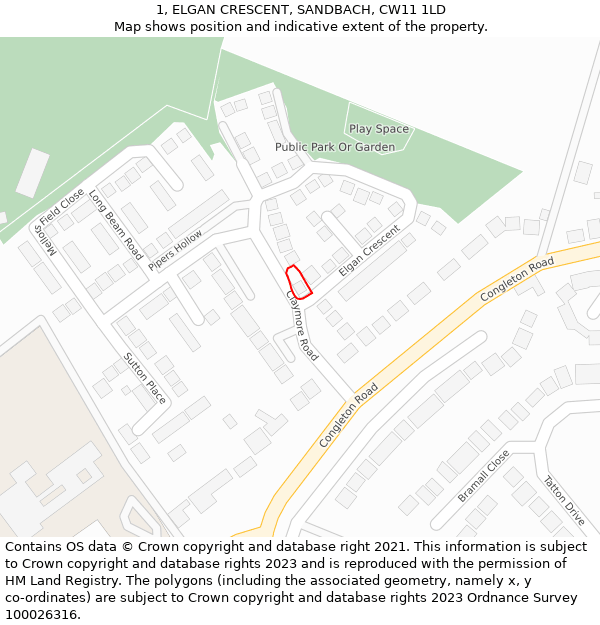 1, ELGAN CRESCENT, SANDBACH, CW11 1LD: Location map and indicative extent of plot