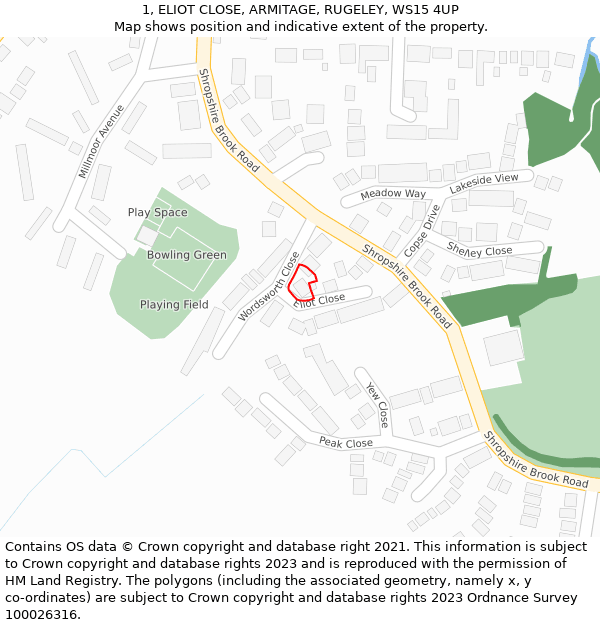 1, ELIOT CLOSE, ARMITAGE, RUGELEY, WS15 4UP: Location map and indicative extent of plot