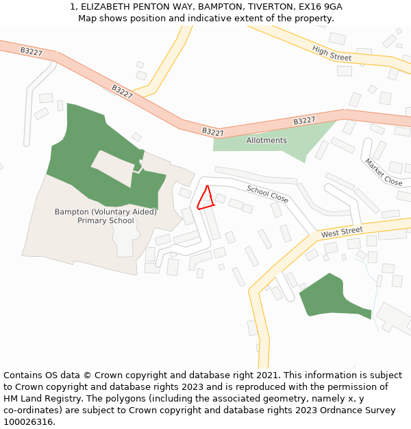 1, ELIZABETH PENTON WAY, BAMPTON, TIVERTON, EX16 9GA: Location map and indicative extent of plot