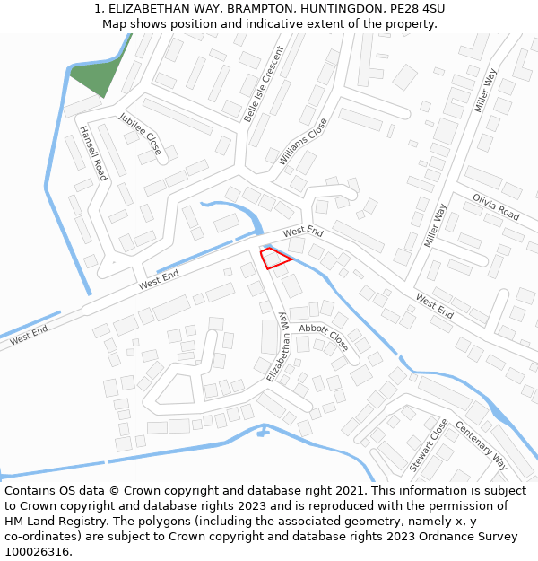 1, ELIZABETHAN WAY, BRAMPTON, HUNTINGDON, PE28 4SU: Location map and indicative extent of plot