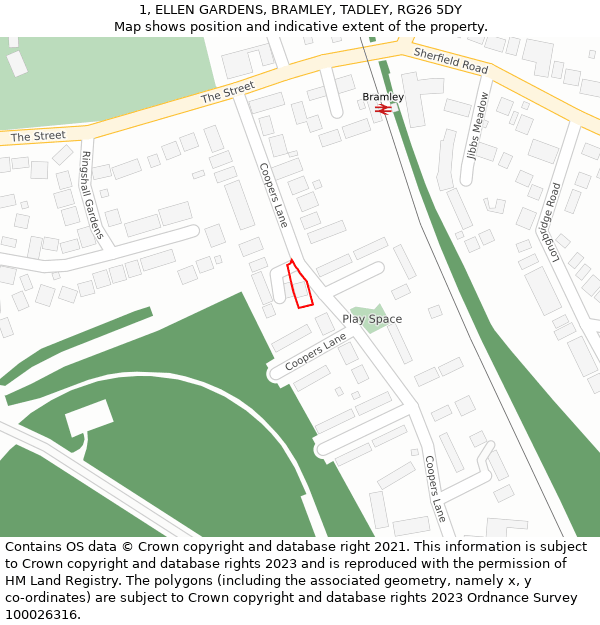 1, ELLEN GARDENS, BRAMLEY, TADLEY, RG26 5DY: Location map and indicative extent of plot