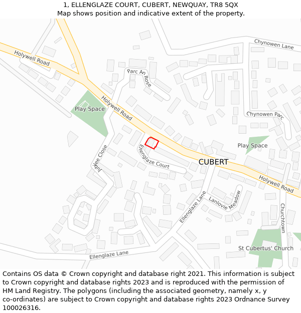 1, ELLENGLAZE COURT, CUBERT, NEWQUAY, TR8 5QX: Location map and indicative extent of plot