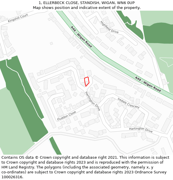 1, ELLERBECK CLOSE, STANDISH, WIGAN, WN6 0UP: Location map and indicative extent of plot