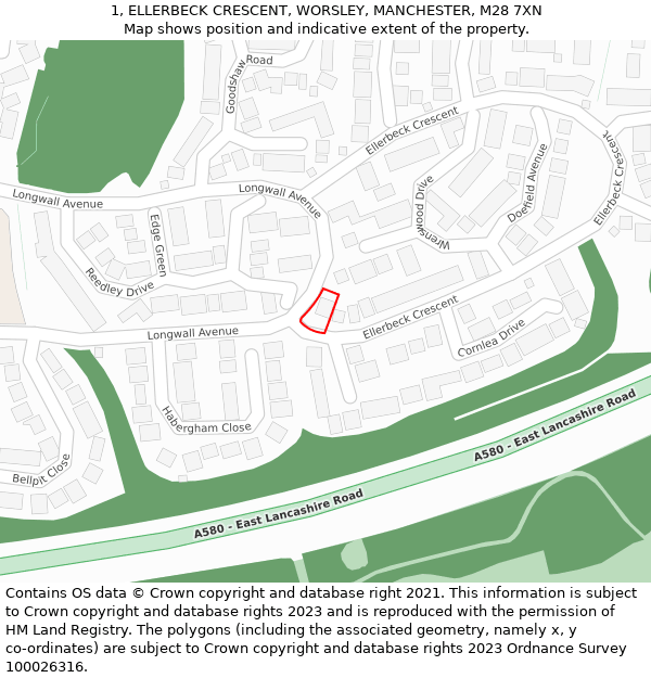 1, ELLERBECK CRESCENT, WORSLEY, MANCHESTER, M28 7XN: Location map and indicative extent of plot