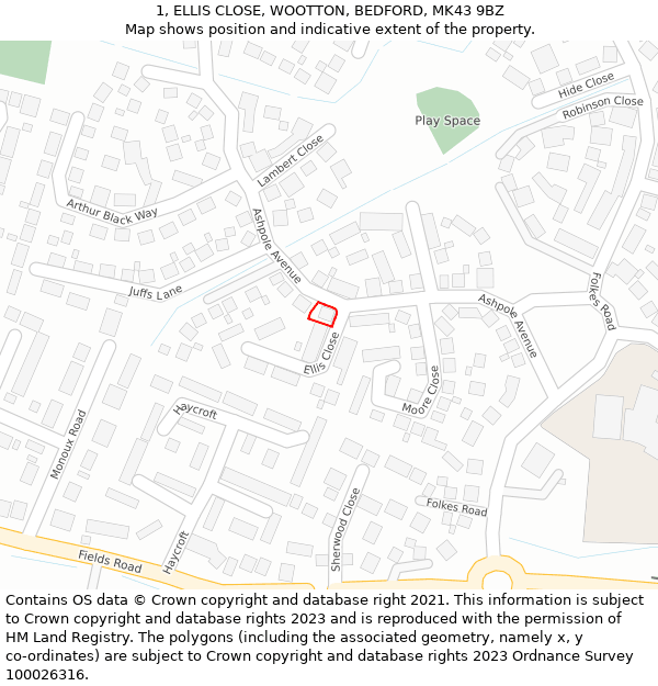 1, ELLIS CLOSE, WOOTTON, BEDFORD, MK43 9BZ: Location map and indicative extent of plot