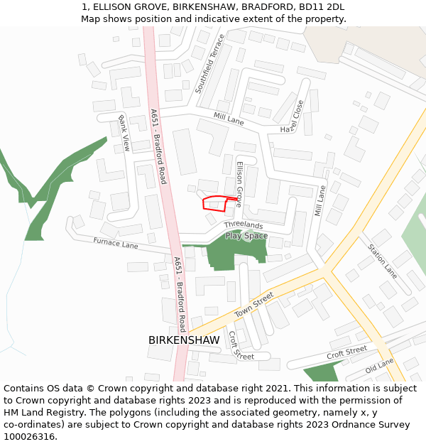 1, ELLISON GROVE, BIRKENSHAW, BRADFORD, BD11 2DL: Location map and indicative extent of plot