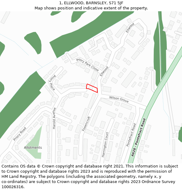 1, ELLWOOD, BARNSLEY, S71 5JF: Location map and indicative extent of plot