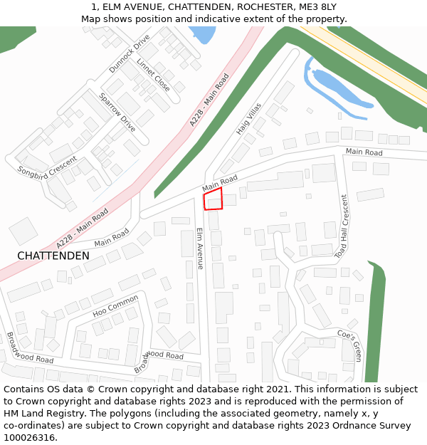 1, ELM AVENUE, CHATTENDEN, ROCHESTER, ME3 8LY: Location map and indicative extent of plot