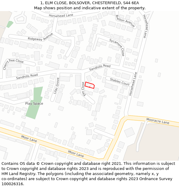 1, ELM CLOSE, BOLSOVER, CHESTERFIELD, S44 6EA: Location map and indicative extent of plot