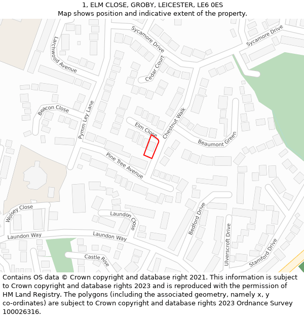 1, ELM CLOSE, GROBY, LEICESTER, LE6 0ES: Location map and indicative extent of plot