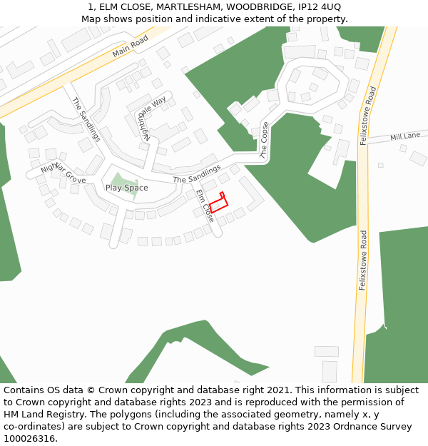 1, ELM CLOSE, MARTLESHAM, WOODBRIDGE, IP12 4UQ: Location map and indicative extent of plot