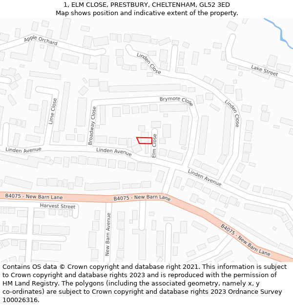 1, ELM CLOSE, PRESTBURY, CHELTENHAM, GL52 3ED: Location map and indicative extent of plot