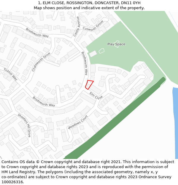 1, ELM CLOSE, ROSSINGTON, DONCASTER, DN11 0YH: Location map and indicative extent of plot