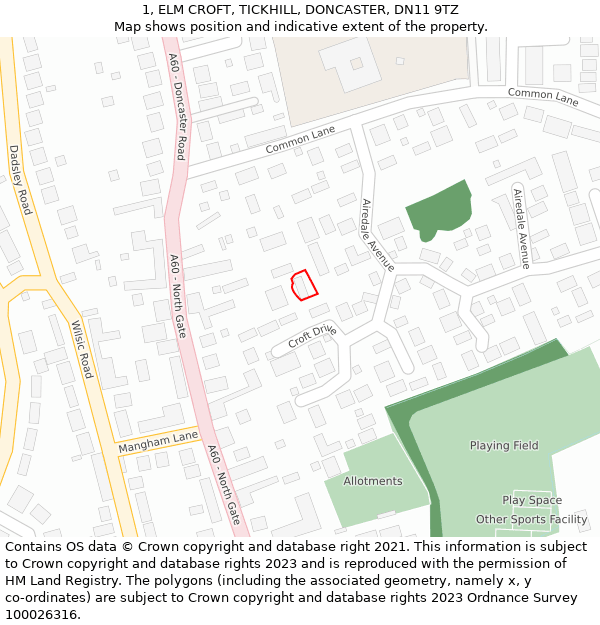 1, ELM CROFT, TICKHILL, DONCASTER, DN11 9TZ: Location map and indicative extent of plot