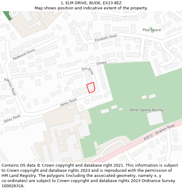 1, ELM DRIVE, BUDE, EX23 8EZ: Location map and indicative extent of plot