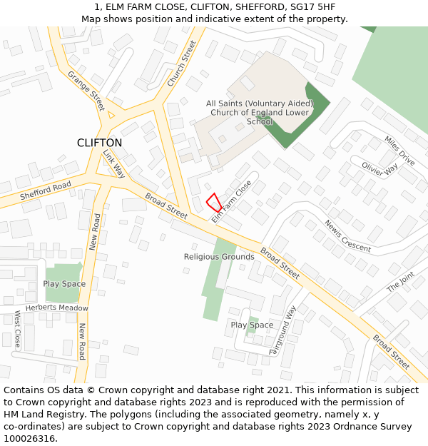 1, ELM FARM CLOSE, CLIFTON, SHEFFORD, SG17 5HF: Location map and indicative extent of plot