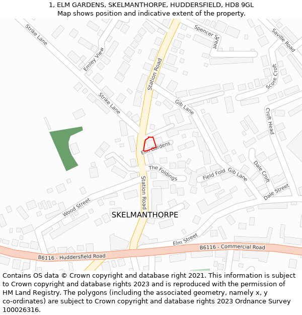 1, ELM GARDENS, SKELMANTHORPE, HUDDERSFIELD, HD8 9GL: Location map and indicative extent of plot