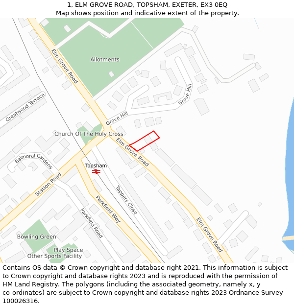 1, ELM GROVE ROAD, TOPSHAM, EXETER, EX3 0EQ: Location map and indicative extent of plot