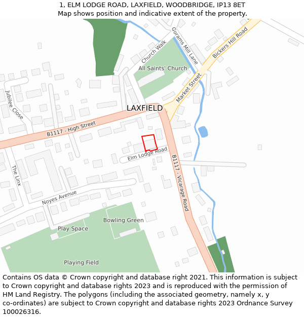 1, ELM LODGE ROAD, LAXFIELD, WOODBRIDGE, IP13 8ET: Location map and indicative extent of plot