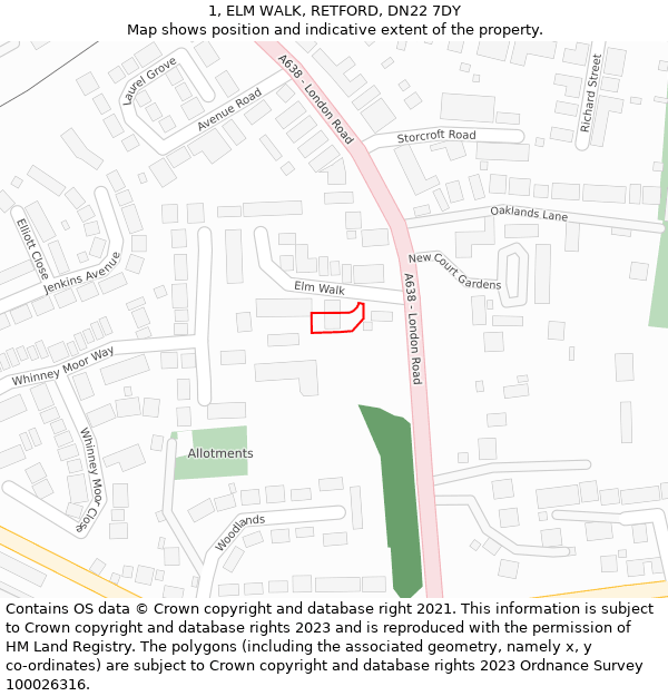 1, ELM WALK, RETFORD, DN22 7DY: Location map and indicative extent of plot