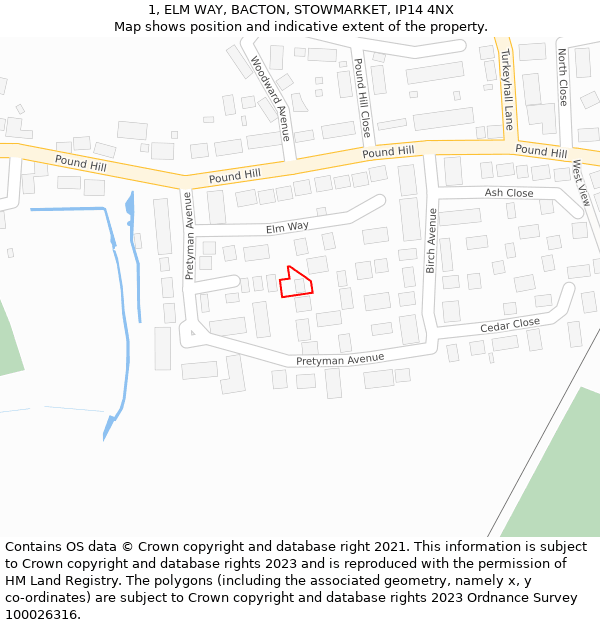 1, ELM WAY, BACTON, STOWMARKET, IP14 4NX: Location map and indicative extent of plot