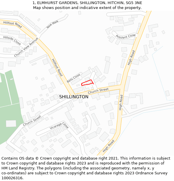 1, ELMHURST GARDENS, SHILLINGTON, HITCHIN, SG5 3NE: Location map and indicative extent of plot