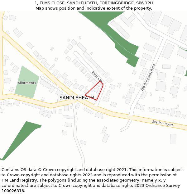 1, ELMS CLOSE, SANDLEHEATH, FORDINGBRIDGE, SP6 1PH: Location map and indicative extent of plot