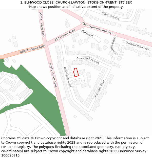 1, ELMWOOD CLOSE, CHURCH LAWTON, STOKE-ON-TRENT, ST7 3EX: Location map and indicative extent of plot