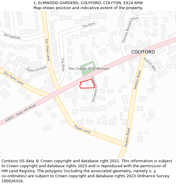 1, ELMWOOD GARDENS, COLYFORD, COLYTON, EX24 6PW: Location map and indicative extent of plot